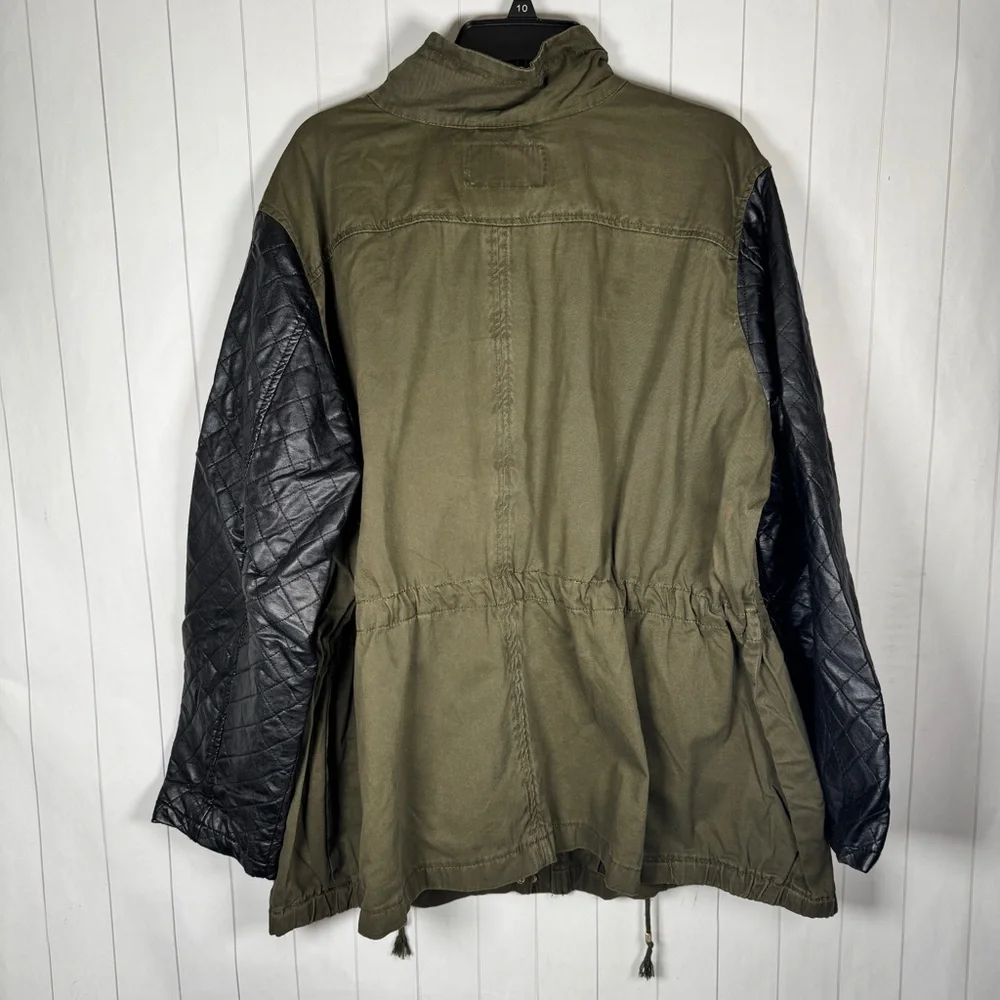 I.B. Diffusion Army‎ Green Cotton Military Jacket Faux Leather Sleeves Grunge 4X - Picture 2 of 5